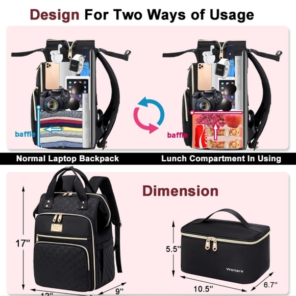 Women's Black Multi Compartment Backpack - Picture 5 of 12